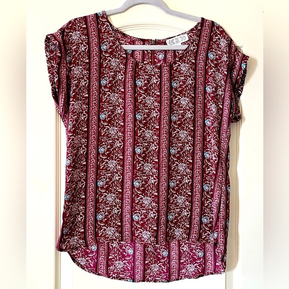 Pink Rose Semi Sheer Burgundy Floral Blouse Women's size medium - Picture 1 of 13